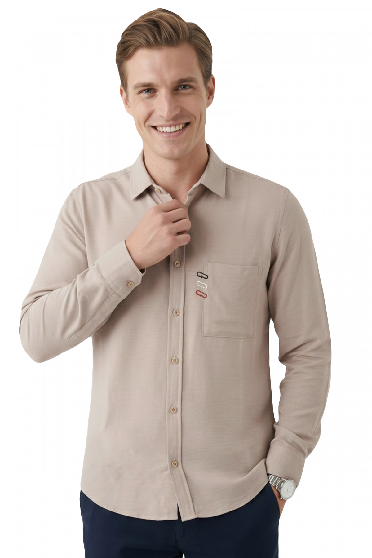 Beige Comfortable, Non-Wrinkle, Iron-On Modal Fabric Lycra Men's Shirt 2602633