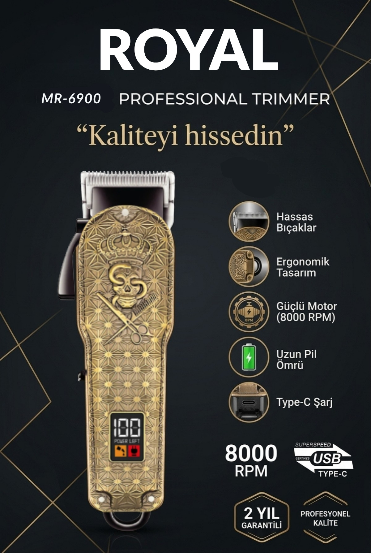 JASPER JPR-6900 Royal Şarj Göstergeli 6 Kademeli 8000 RPM 1800 mAh