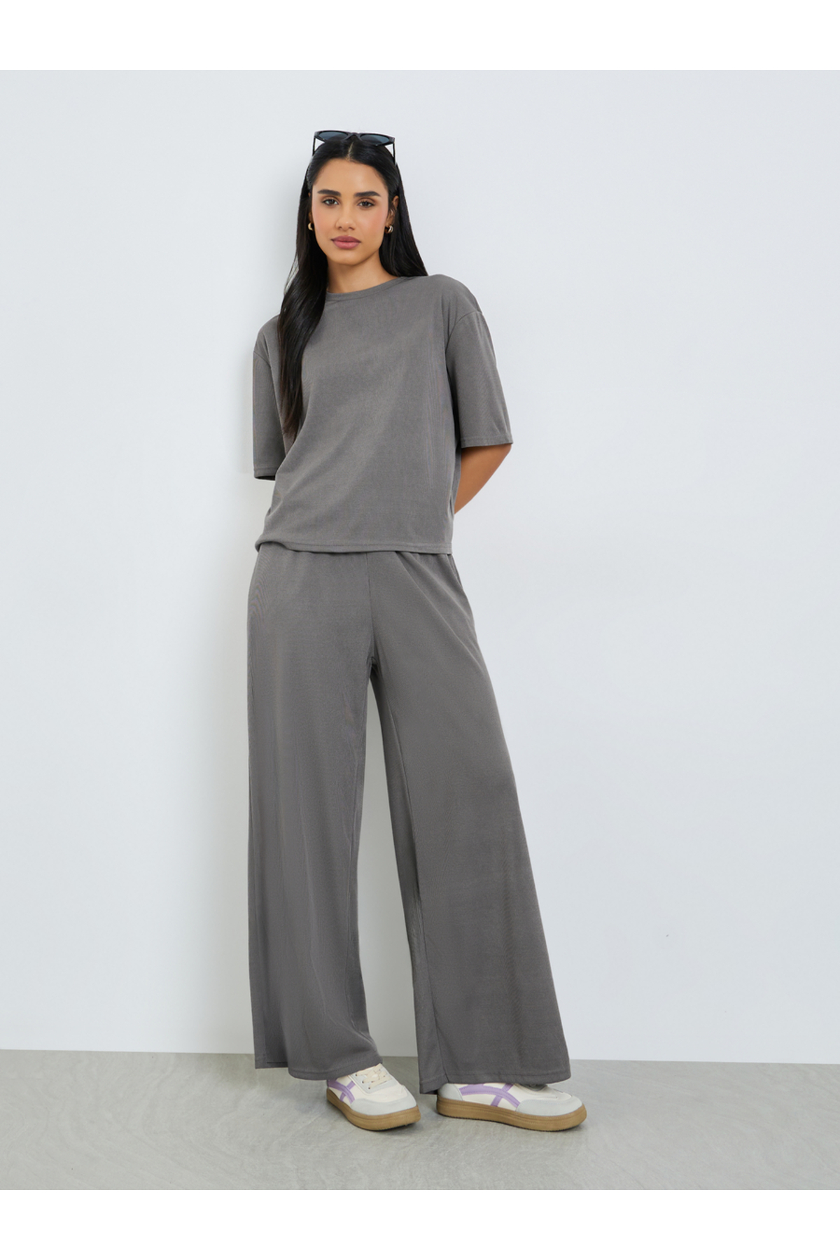 Styli Charcoal Ribbed T-Shirt and Wide Leg Joggers Co-Ords
