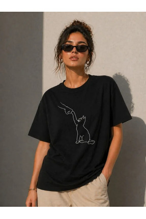 alyn wear Minimal Kedi Çizim Baskılı Tişört Kısa Kol Yazlık T-Shirt - Siyah