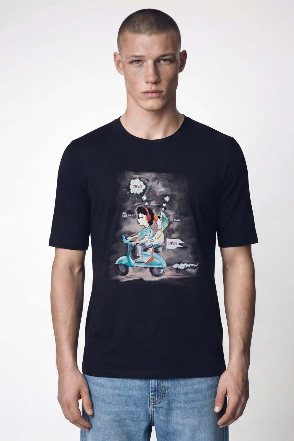 Giotelli Men's Black Normal Cut Regular Fit Woven Printed Short Sleeve Crew Neck T-Shirt