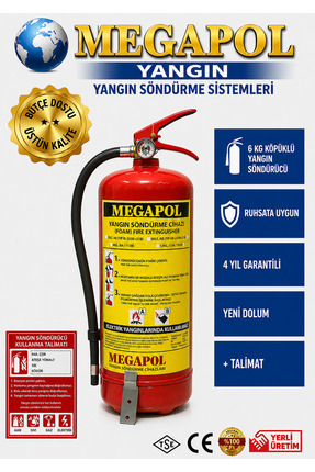 megapol 6 kg köpüklü yangın söndürme cihazı talimat ve askı aparatlı, yangın ...
