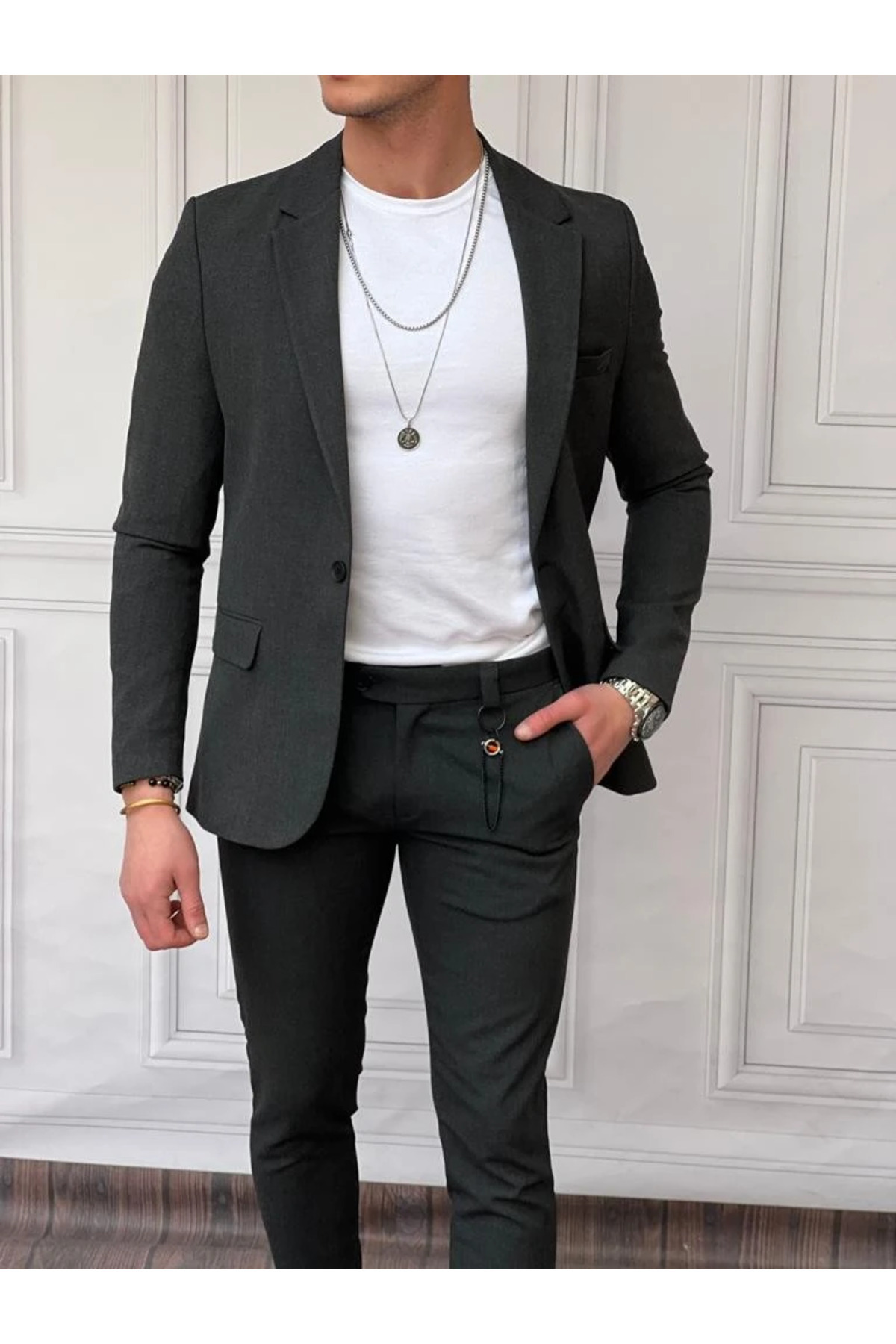 کت و شلوار کت و شلوار لایکرای نخی Slimfit — خاکستری MEC004664 — تصویر 3 از 3