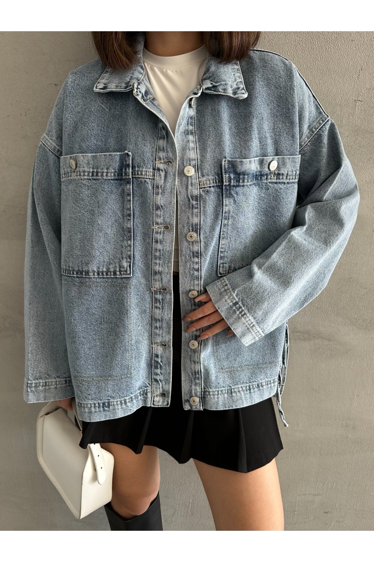 Esra Butik78 Açık Mavi Yıkamalı Oversize Kot Ceket Çift Cepli Salaş Denim Ceket görsel 7