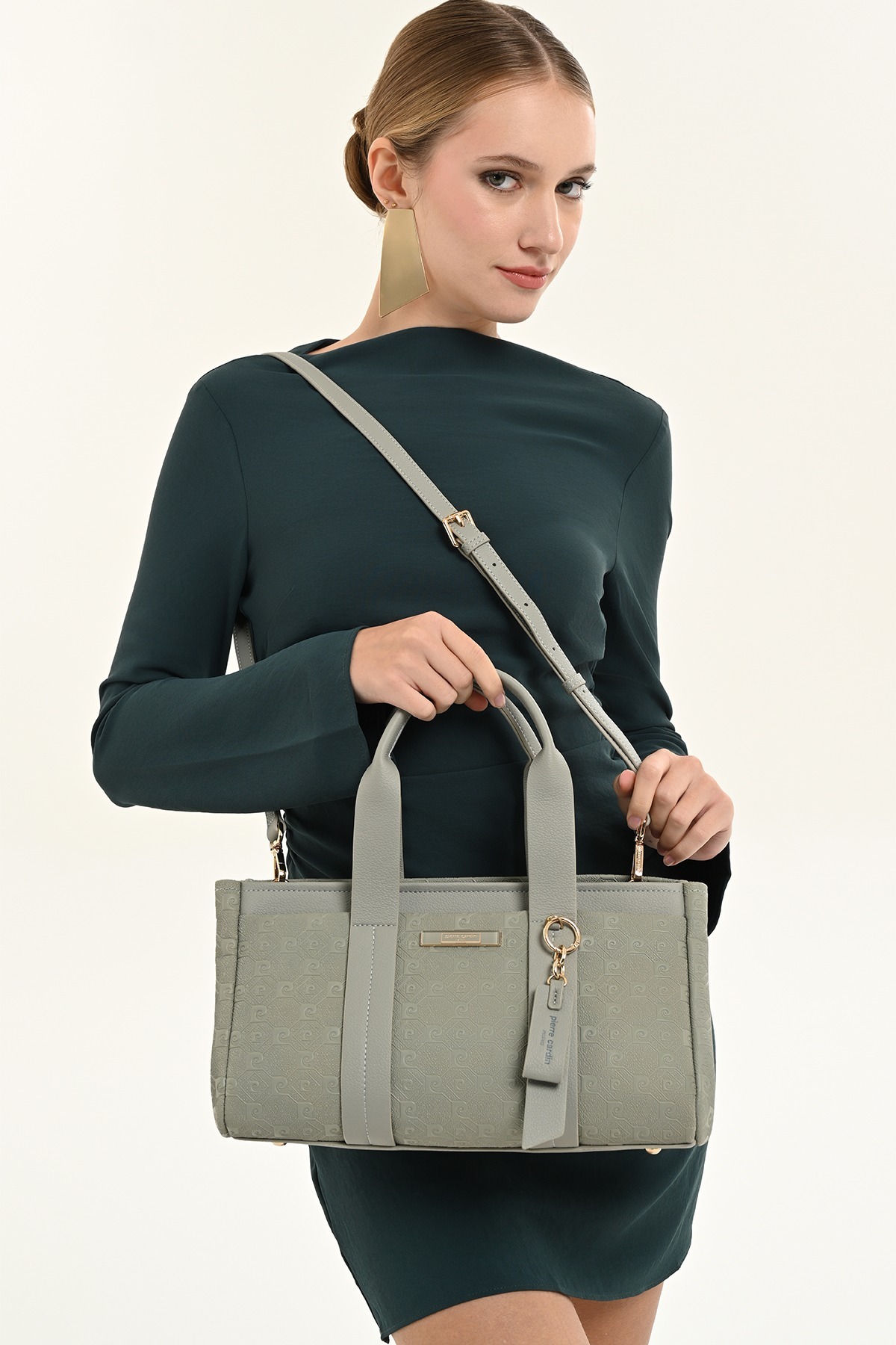 Women's Mint Monogram Patterned Women's Shoulder Bag with Adjustable Strap