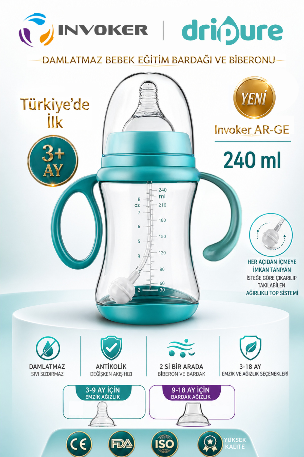 INVOKER Doğal Tepkili Biberon Bebek Eğitici Bardak ve Biberonu 240 ml Bebek Eğitim Biberonu ve Bardağı Anti-kolik