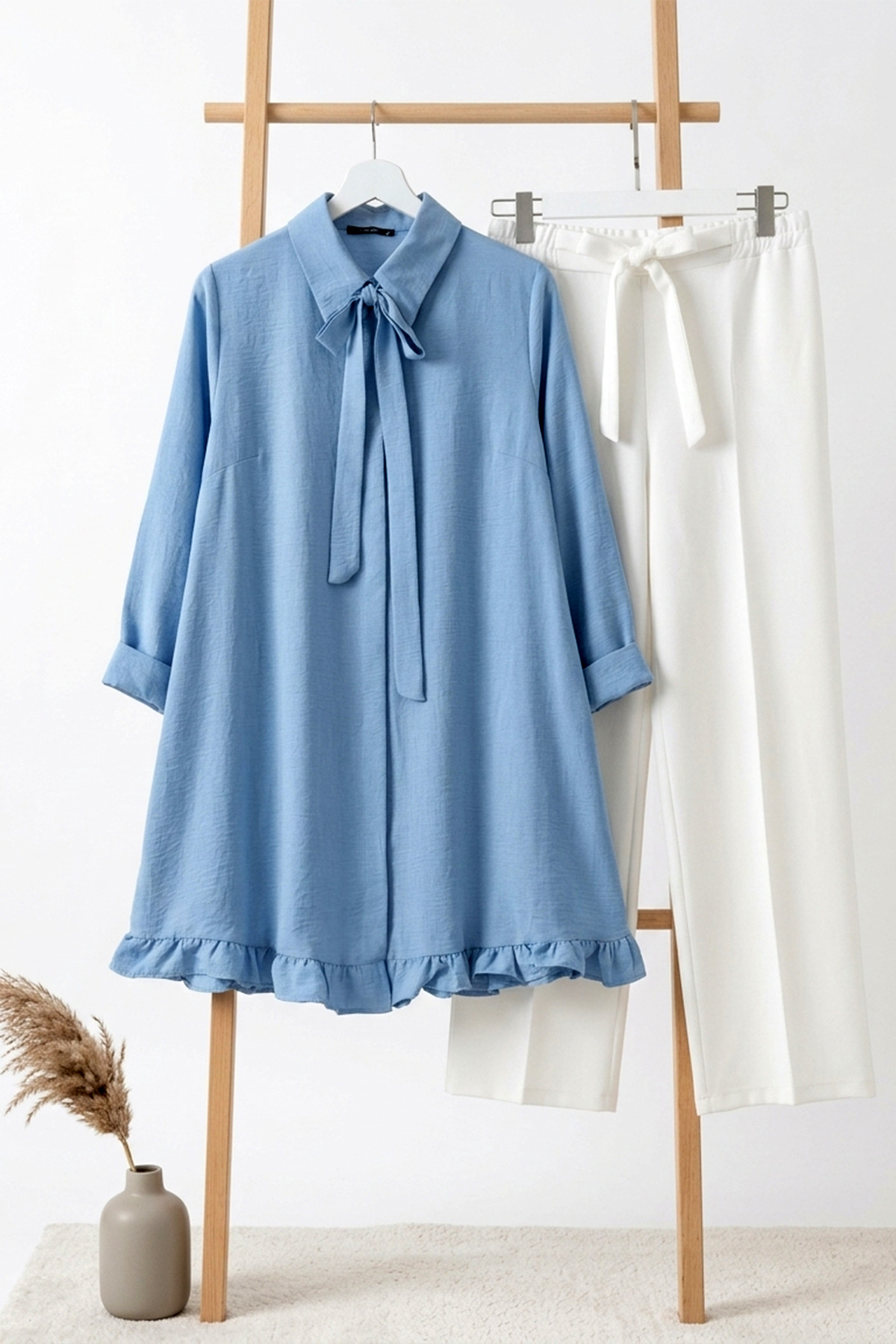 Women's Ruffled Ribbon Detailed Buttoned Tunic - Baby Blue