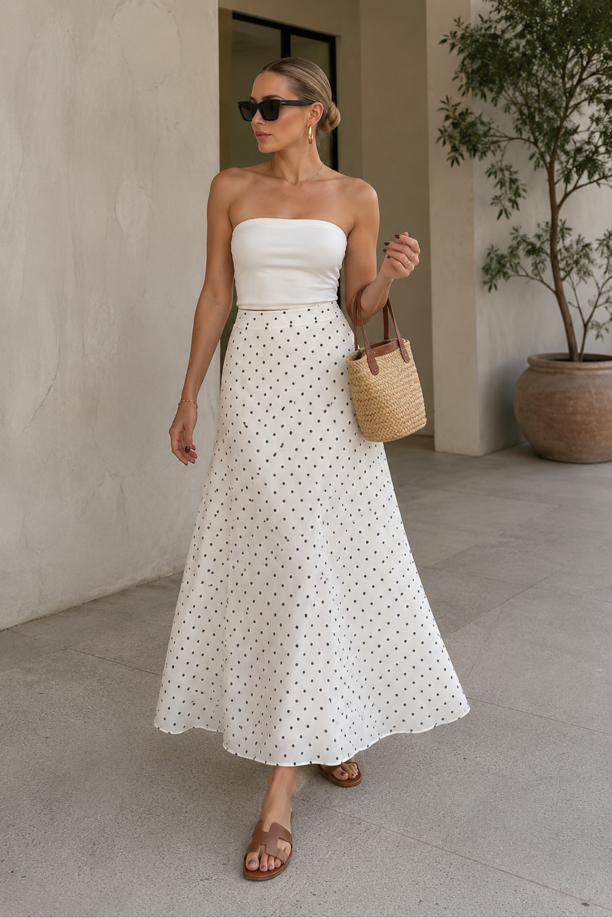 Butik  Beyaz Puantiye Desenli Şık Şifon Astarlı Etek