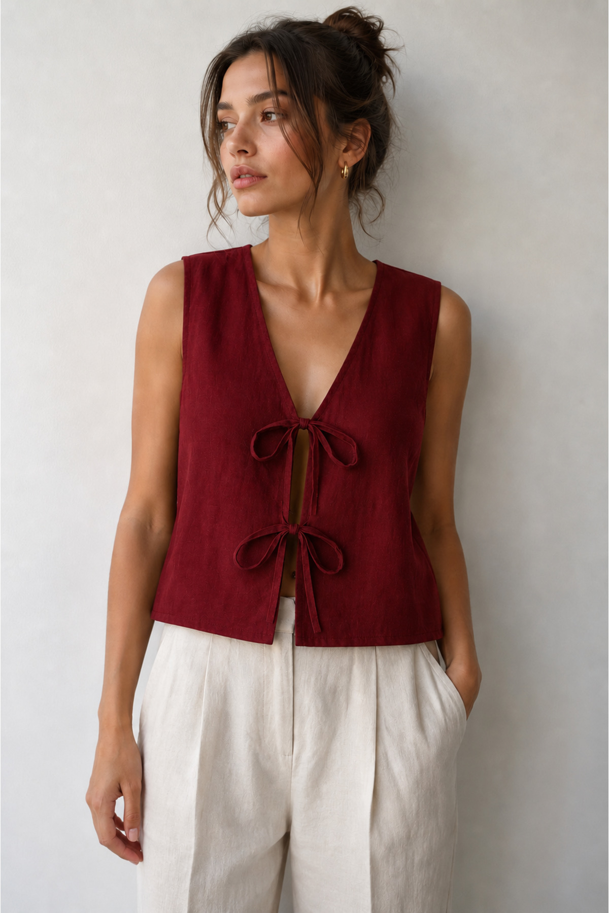 Sleeveless Front Tied Kimono Claret Red Tunic – Oversize, New Season, Comfortable Stylish Design