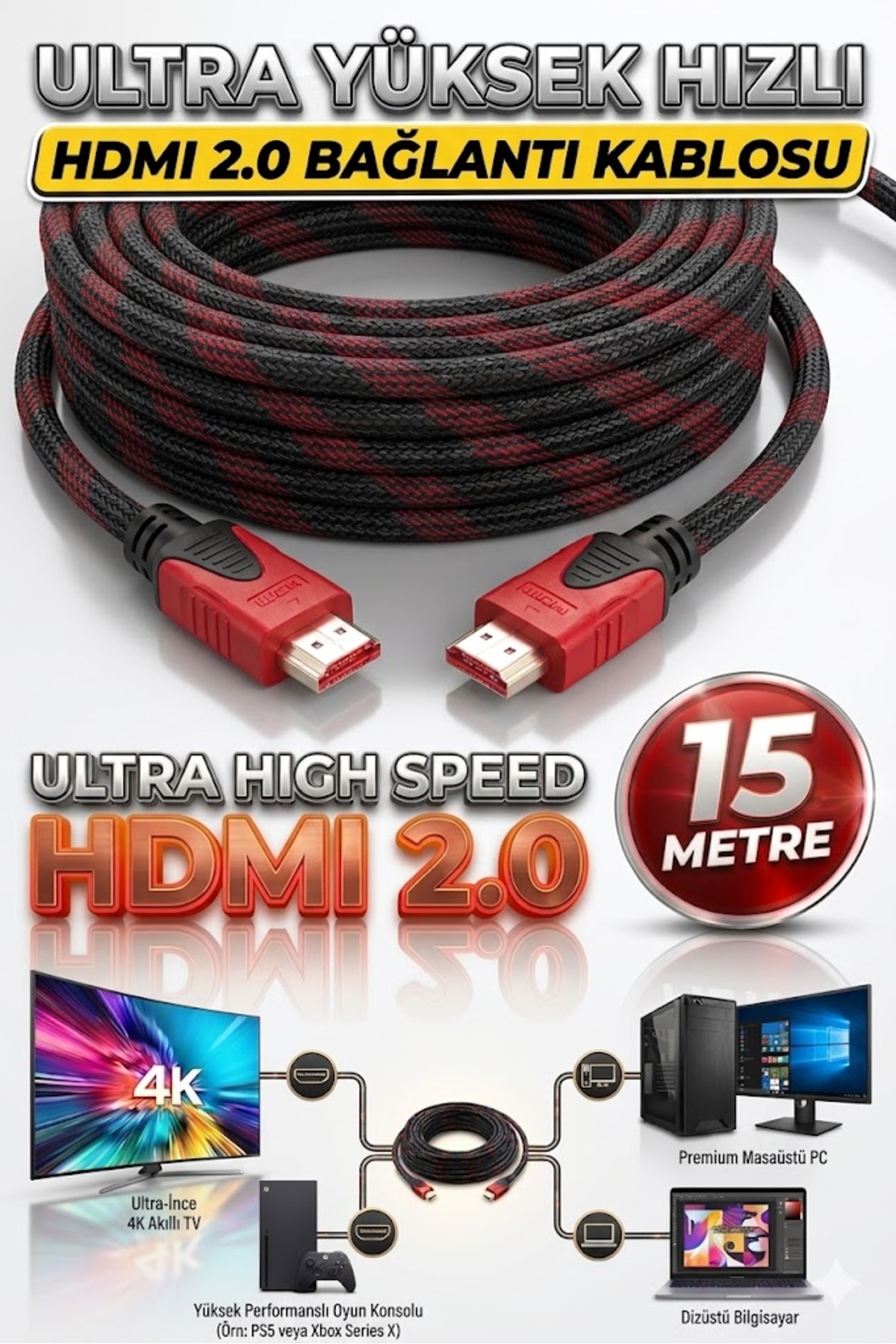 15 Metre 15m HDMI Kablosu 1.4B 3D Full Hd 1080p Ara Bağlantı Erkek-Erkek Modern Sargılı Örgülü Hdmi Görüntü Kablosu