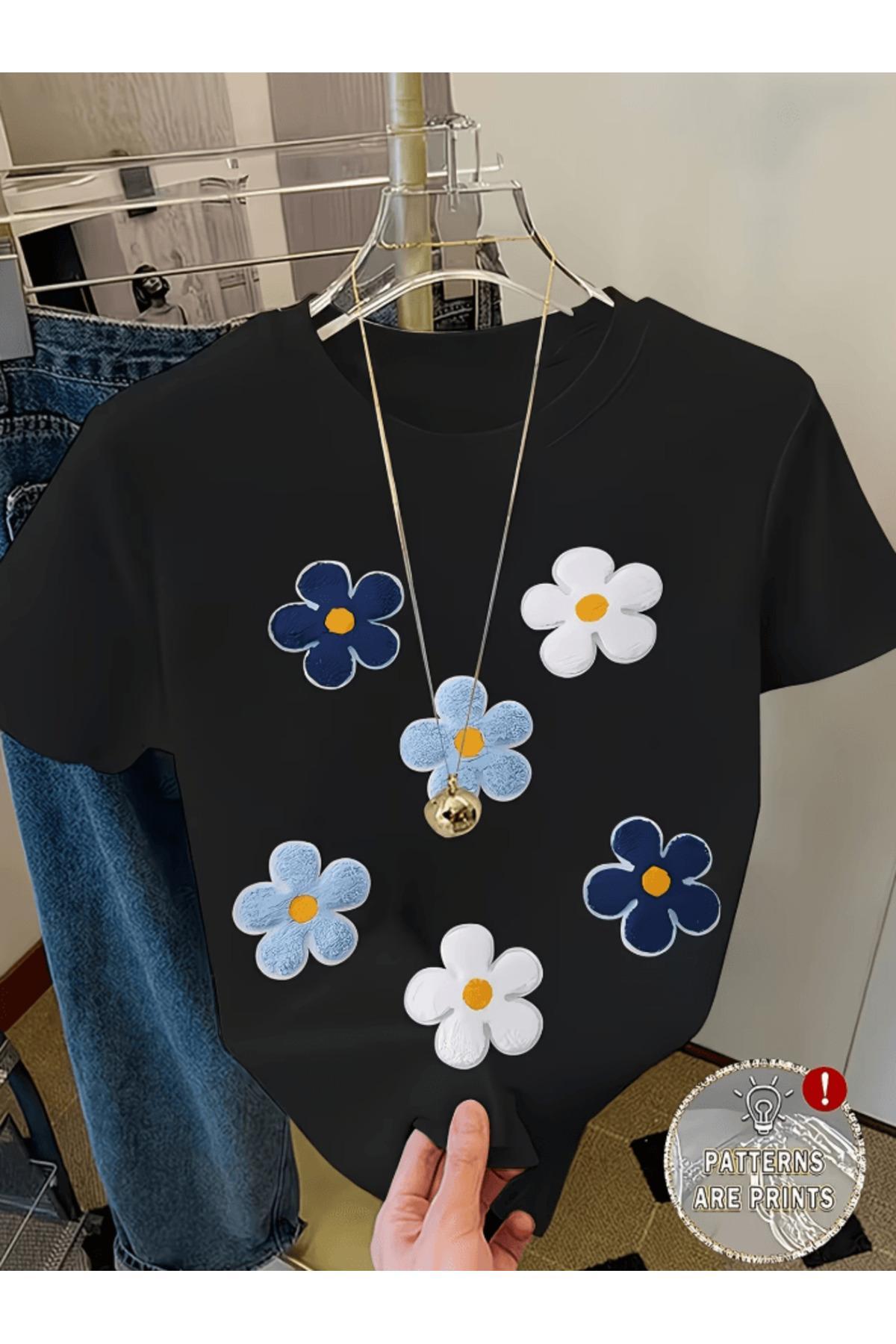 one button Renkli Mini Çiçekler Baskılı Premium Oversize T-shirt