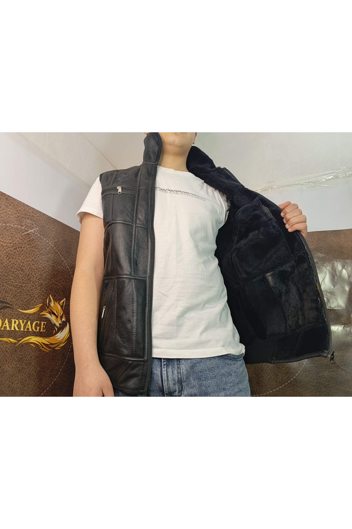 hoaryage Erkek PatchWork İçi Kürk, Dışı Hakiki Deri Koyun Yünü Yakalı Biye ve Triko Detaylı Yelek görsel 2