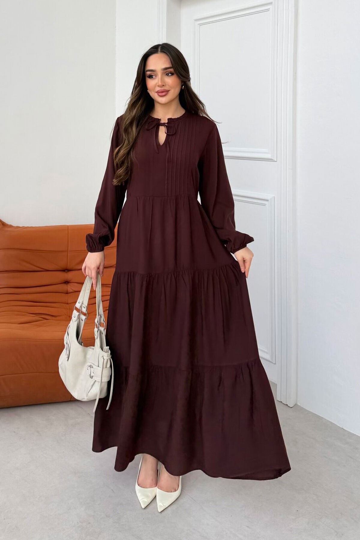 bacc Brown Layered Ruffled Ribbed Hijab Dress