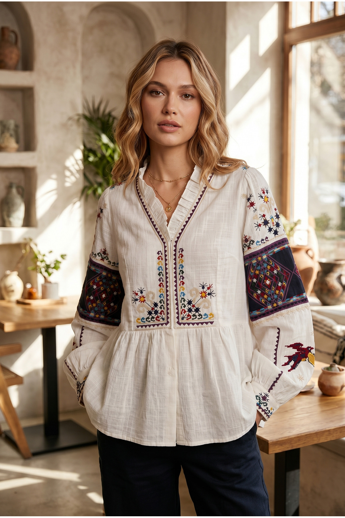 Women's White Ruffle Collar Snap Button Embroidered Cotton Blouse