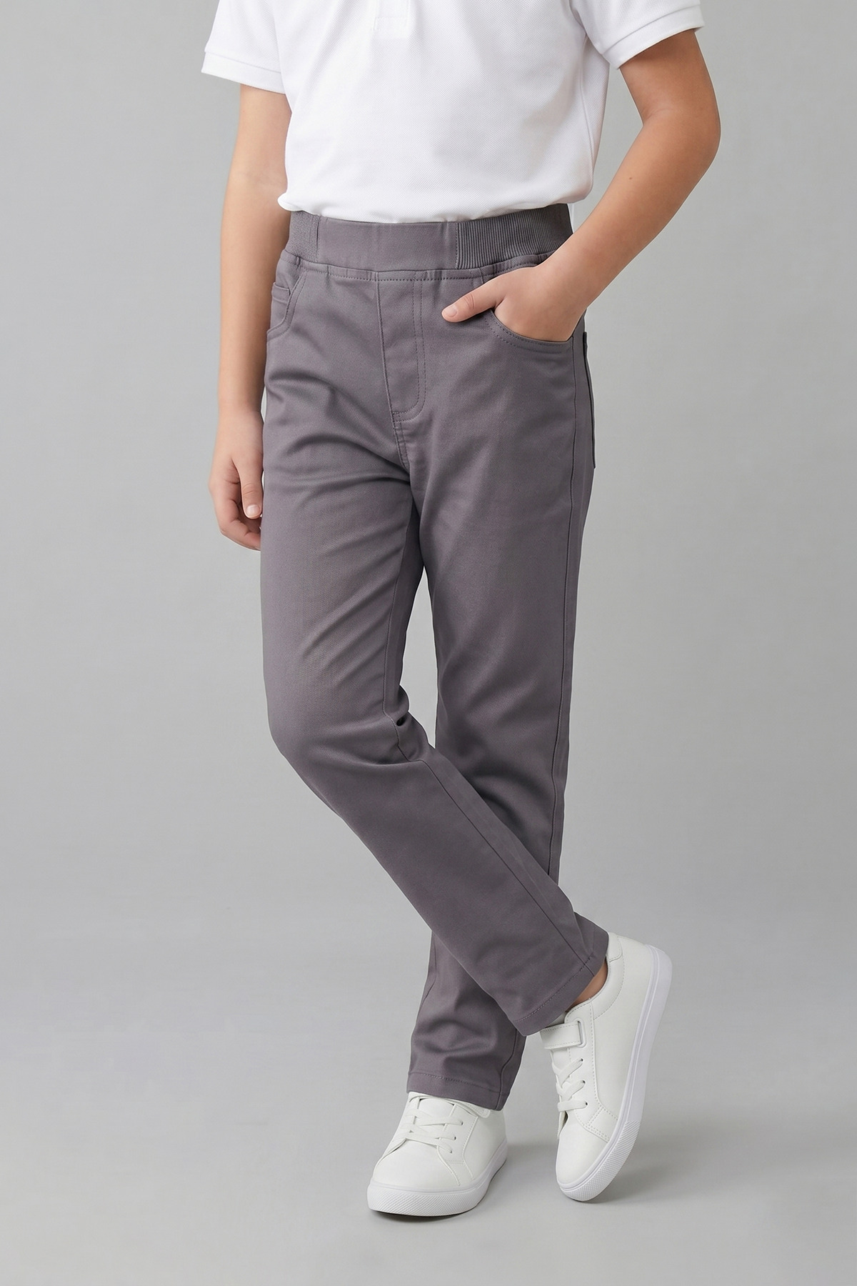Boys Grey Rib Waist Canvas School Pants - School with Pockets and Daily Use