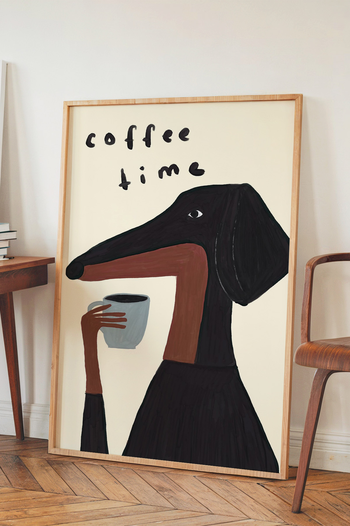 Kahve ve Köpek Poster Mizahi Modern Tablo Duvar Dekoru Çerçevesiz