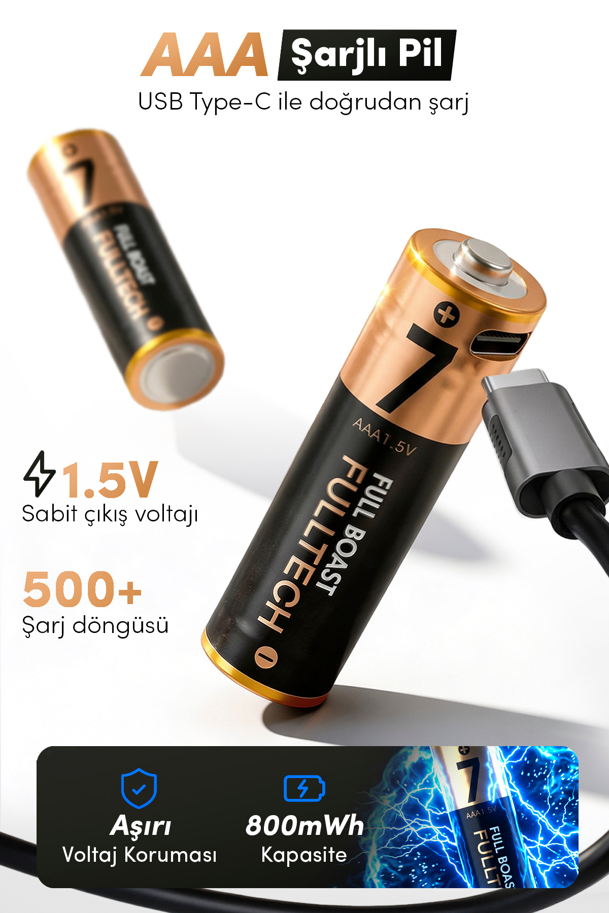 FP29 AAA Şarjlı Pil 2’li Set 800mWh 1.5V Type-C Şarjlı Lityum Pil Uzun Ömürlü Hızlı Şarj Ed