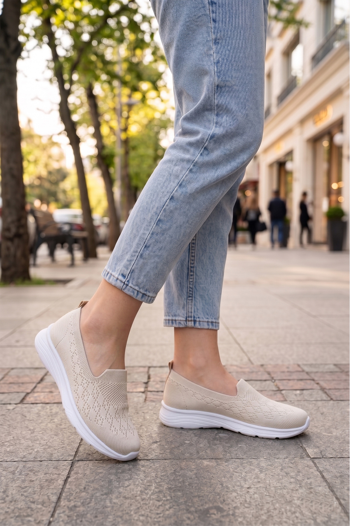 BOUIS Kadın Krem Beyaz Triko Rahat Günlük Yürüyüş Anne Ayakkabısı Hafif Loafer Esnek Casual Sneaker