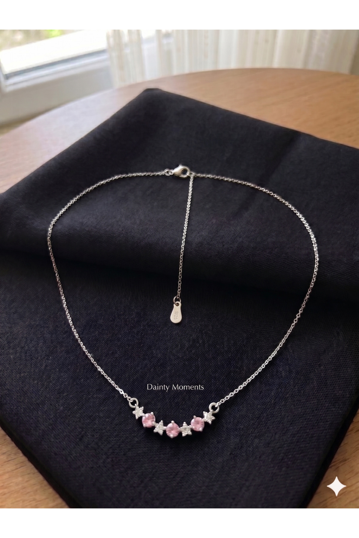 Gümüş Rengi Pembe Zirkon Taşlı Sıralı Yıldız Çelik Kolye 2