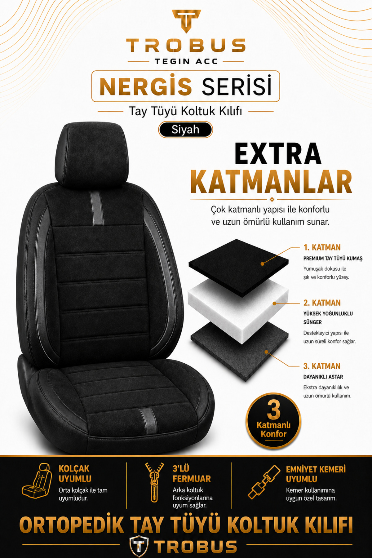 Peugeot 407 / Coupé / Sw 2004–2010 Uyumlu - Tay Tüyü Orta + Lacost Kenar, 8 mm Süngerli Oto Koltuk Kılıfı Siyah (2 cm Yan Destek) — alternatif görsel