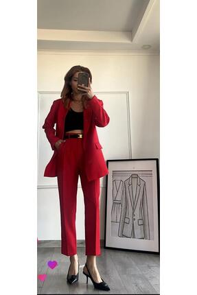 Moda Liva Butik Kırmızı blazer ceket pantolon takım