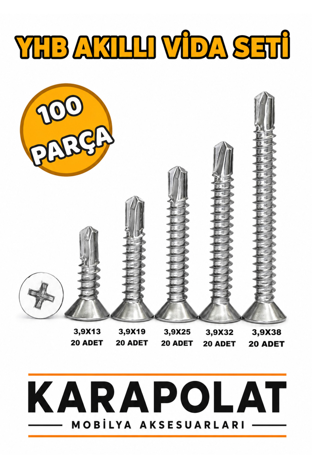 KARAPOLAT 100 PARÇA YHB AKILLI VİDA SETİ 3,9X13 - 3,9X19 - 3,9X25 - 3,9X32 - 3,9X38 PH2