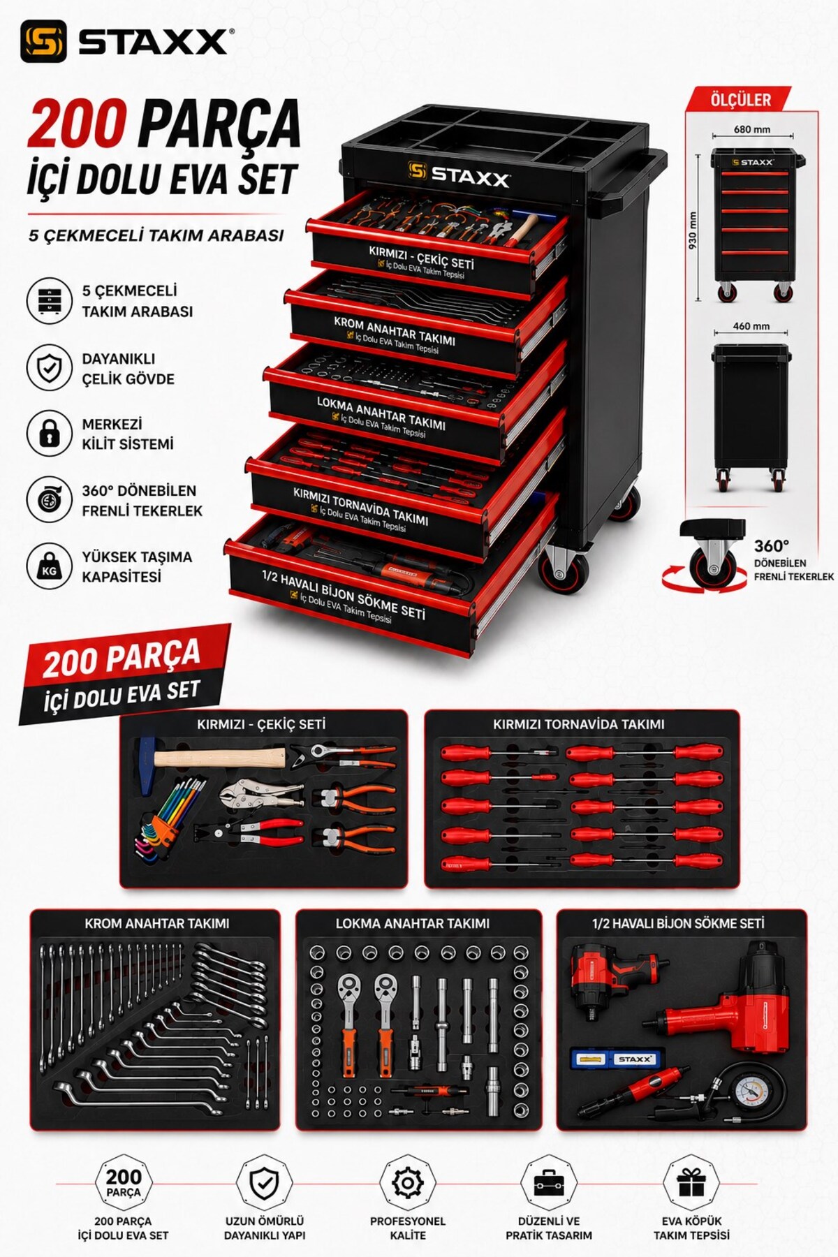 STAXX POWER 200 Parça Profesyonel 1/2 Havalı Lokma Seti + İzeltaş