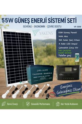 Yakens Enerji 55W Güneş Enerji Sistemi Seti – 14Ah Jel Akü + 10A Şarj Kontrol...