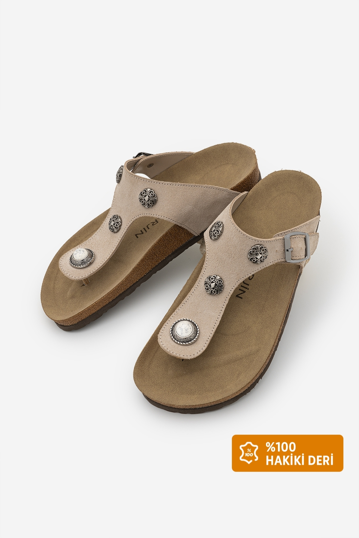 Women's Genuine Leather Eva Casual Flip-Flops with Sole Buckle Telescope Beige Suede