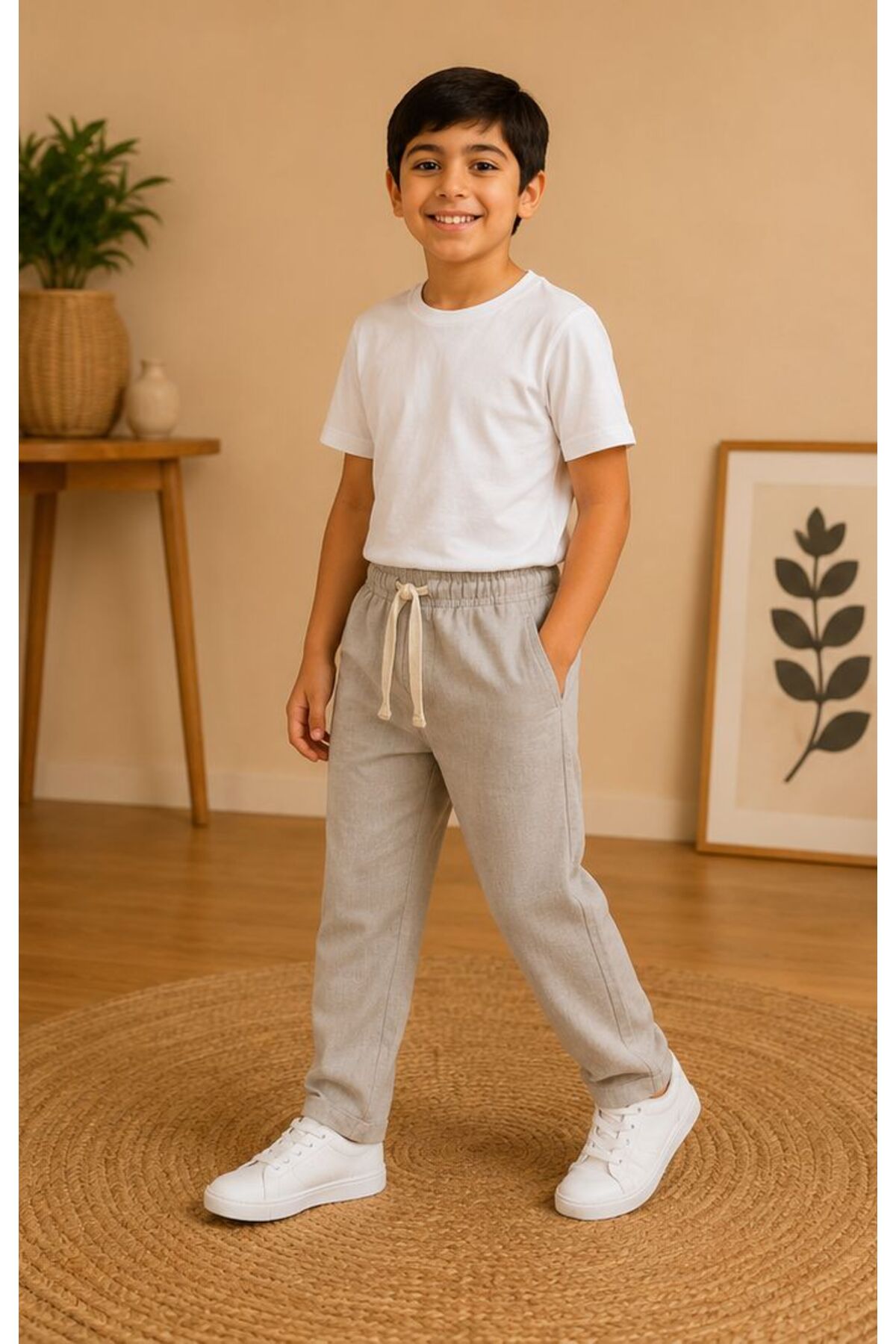 DECODASS Boy's Linen Trousers Elastic Waist Lace-Up Comfortable Fit Summer Casual Beige-Black Trousers