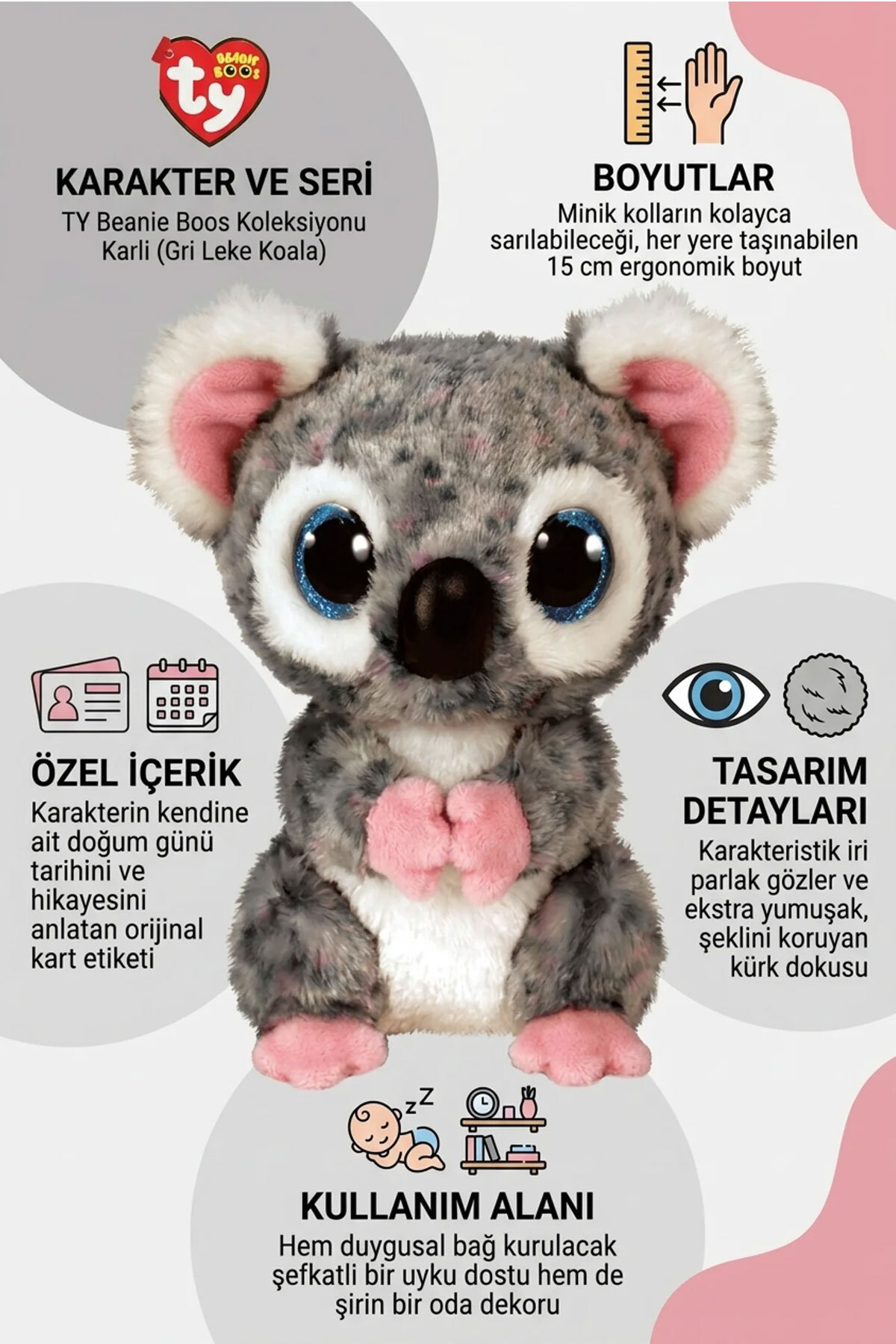 Feyza Oyuncak TY Koala Peluş Oyuncak | 3 Yaş | Gri Leke | Uyku