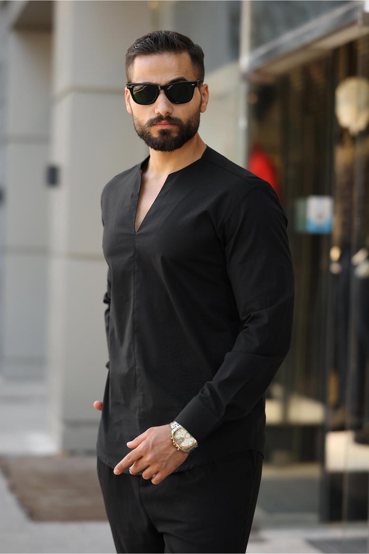 BAYIM Erkek V Kesim Hakim Yaka Slim Fit Sade Tasarım Uzun Kollu Gömlek görsel 4