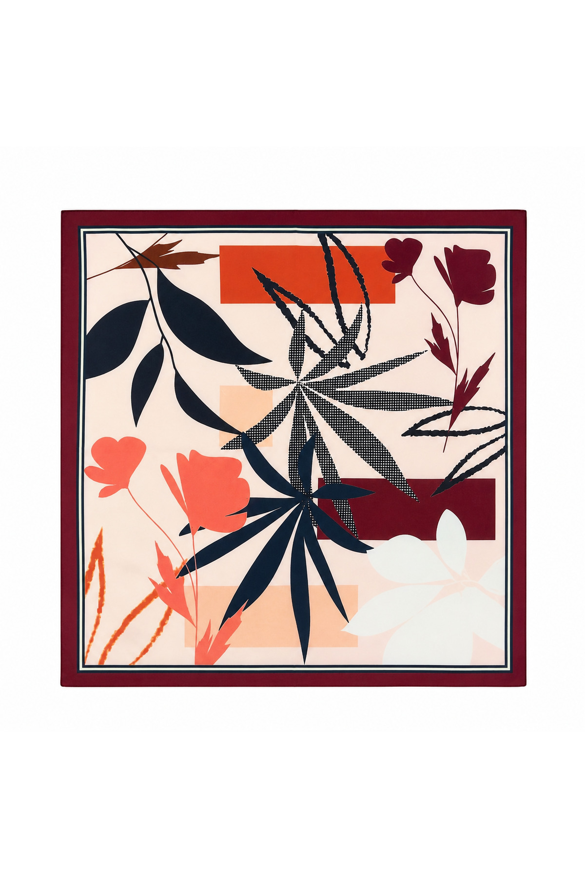 Bordo Çiçek Desenli 50x50 Saten Fular Kadın Boyun Fuları