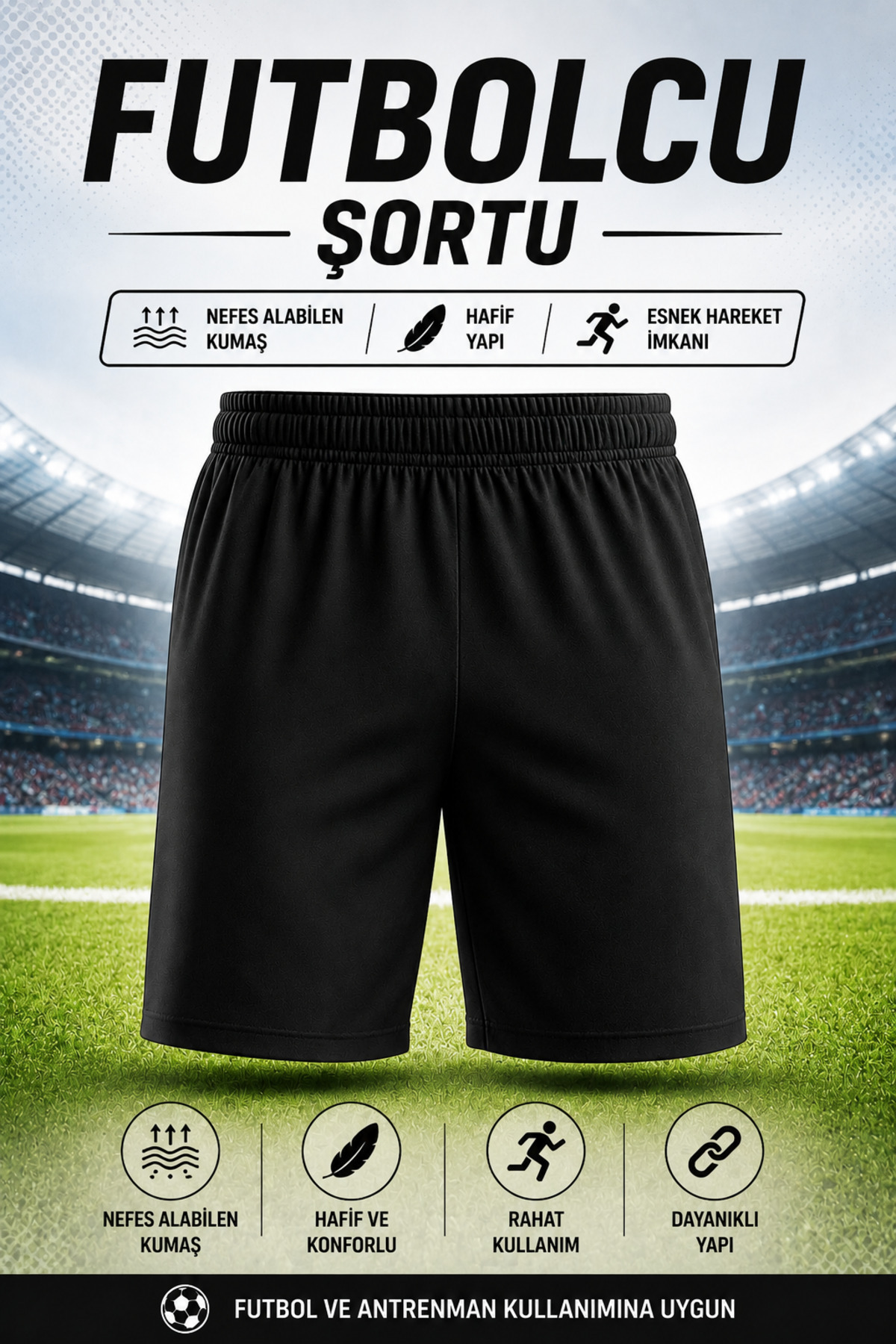 hn sport Spor Şort Cepsiz Astarlı ve İpli Halı Saha Futbol Şortu Hafif Rahat Antrenman ve Maç Şortu