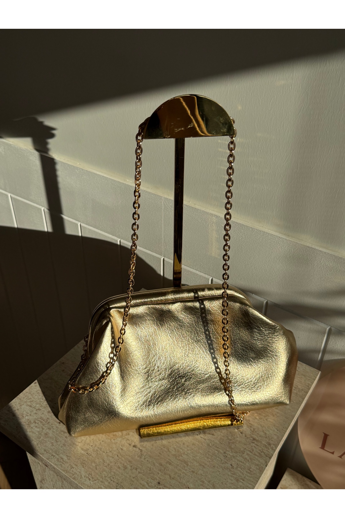 Women's Faux Shiny Leather Chain Strap Detailed Clutch Bag