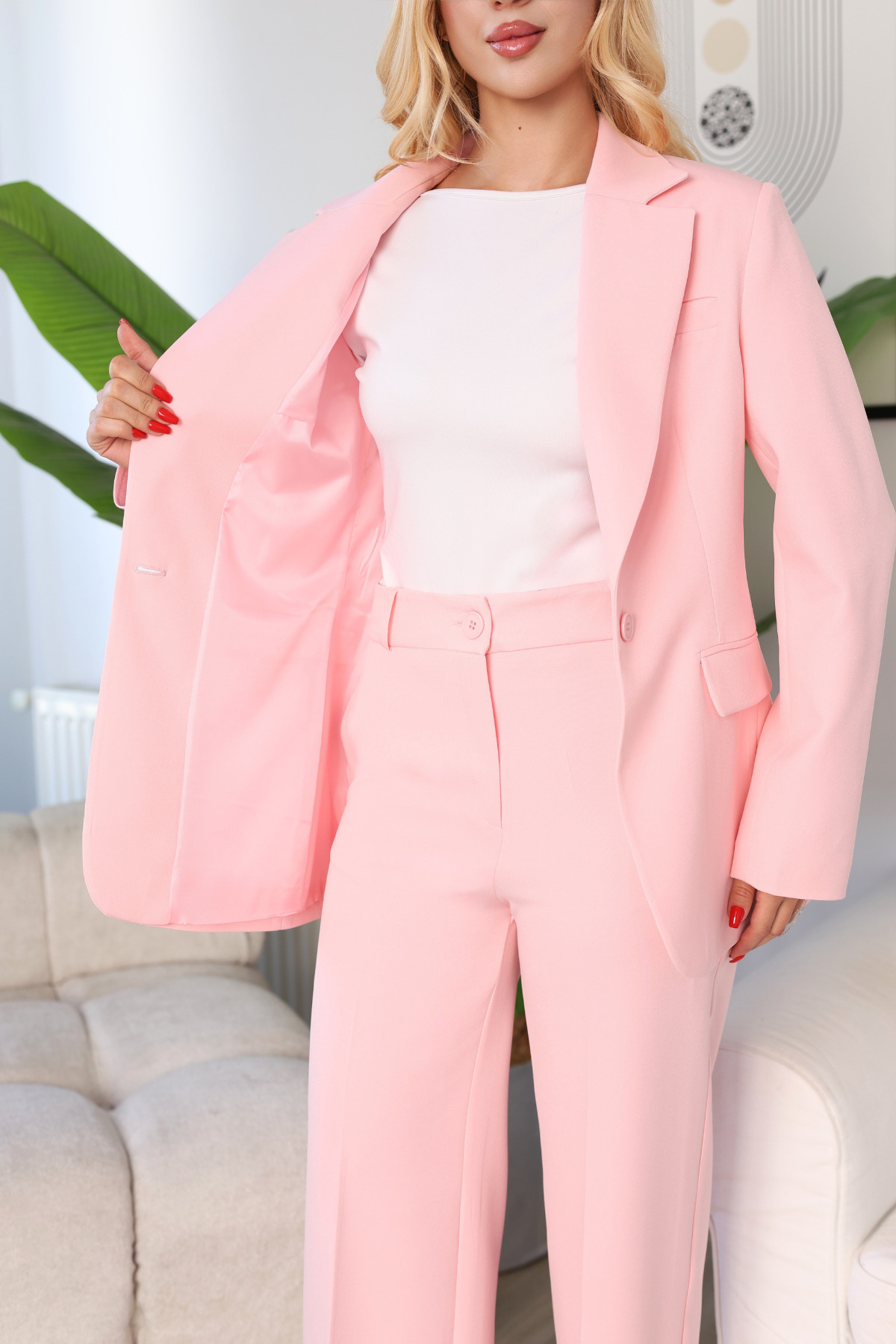 Kadın Pembe Blazer Ceket Pantolon Takım | Ofis & Şık Takım Elbise