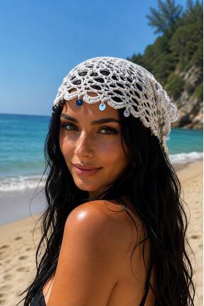 hilal Kadın El Yapımı Örgü Boncuklu Bandana Yazlık File Şapka/Saç Aksesuarı