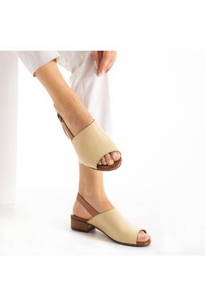 PİERRO SHOES Hakiki Deri Arca Alçak Blok Topuklu Tokalı Günlük Kadın Sandalet