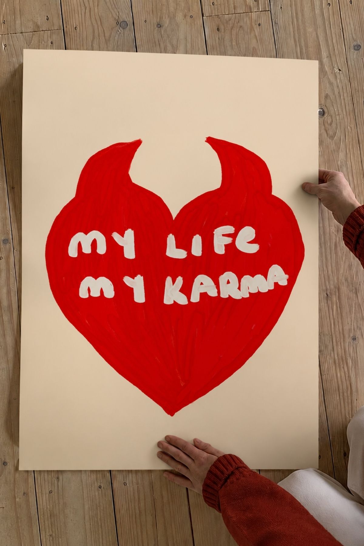 Kırmızı Kalp İllüstrasyonlu Modern Poster, My Life My Karma Yazılı Duvar Dekoru
