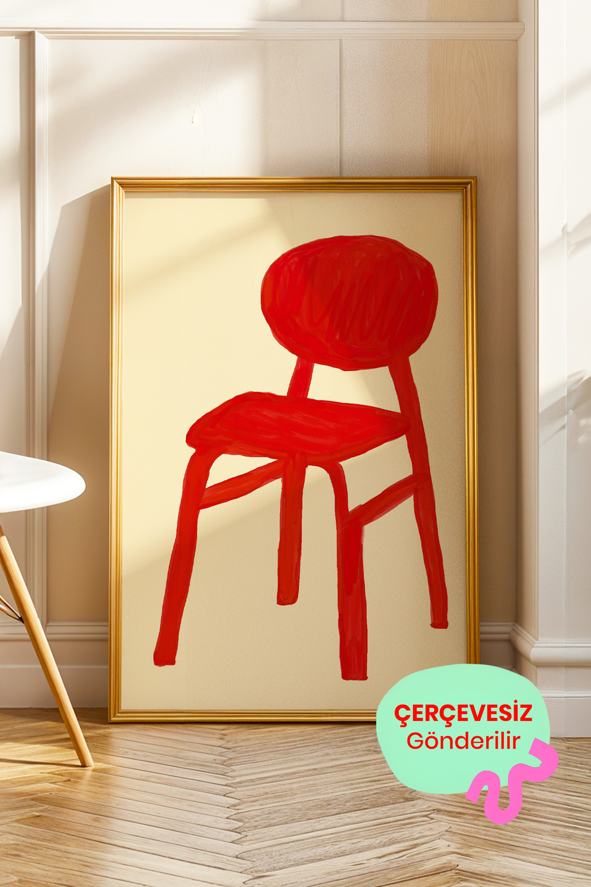 Kırmızı Sandalye Poster, Minimal Mobilya İllüstrasyonlu Modern Duvar Dekoru