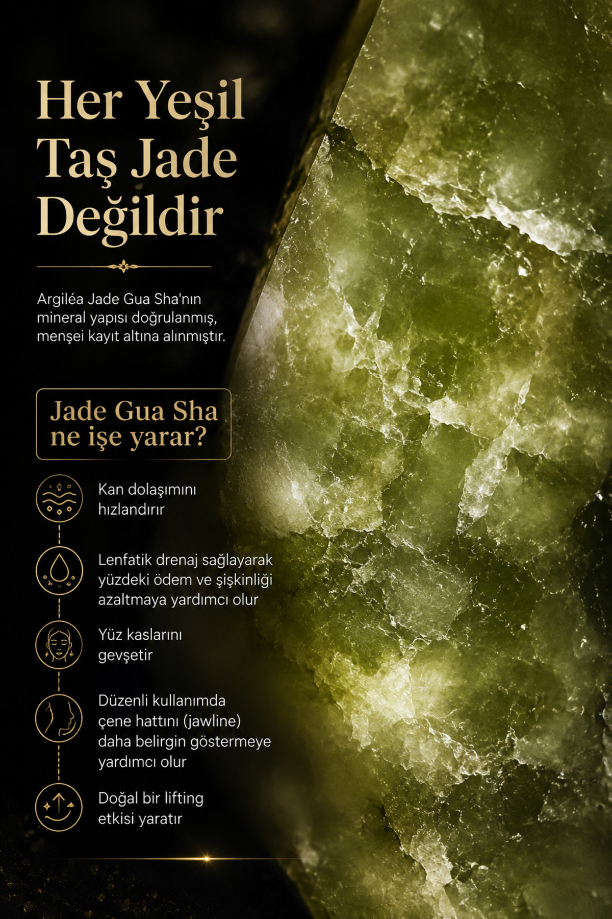 Jade Gua Sha Taşı, Doğal Yeşim, Ağır Metal Analizi Yapılmış Keseli Yüz Masaj Taşı — سبز ARG-JD-GS-CAN-01 — تصویر 3 از 6