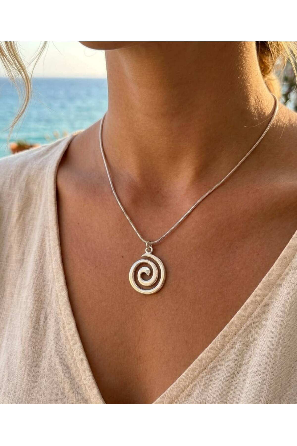 Spiral Charm Çelik Zincirli 45 cm Yazlık Gümüş Kolye