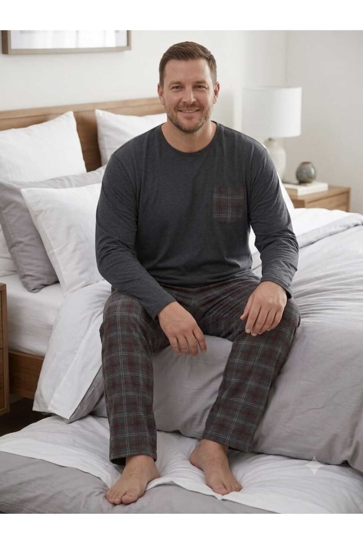 Sude HOMEWEAR Erkek Uzun Kol Büyük Beden Pijama Takımı görsel 2
