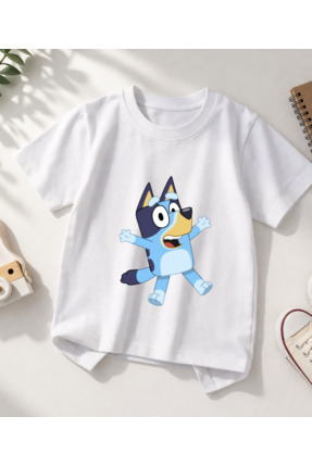 dompulerimoda Bluey Baskılı Kids Beyaz Tişört Bisiklet Yaka T-shirt