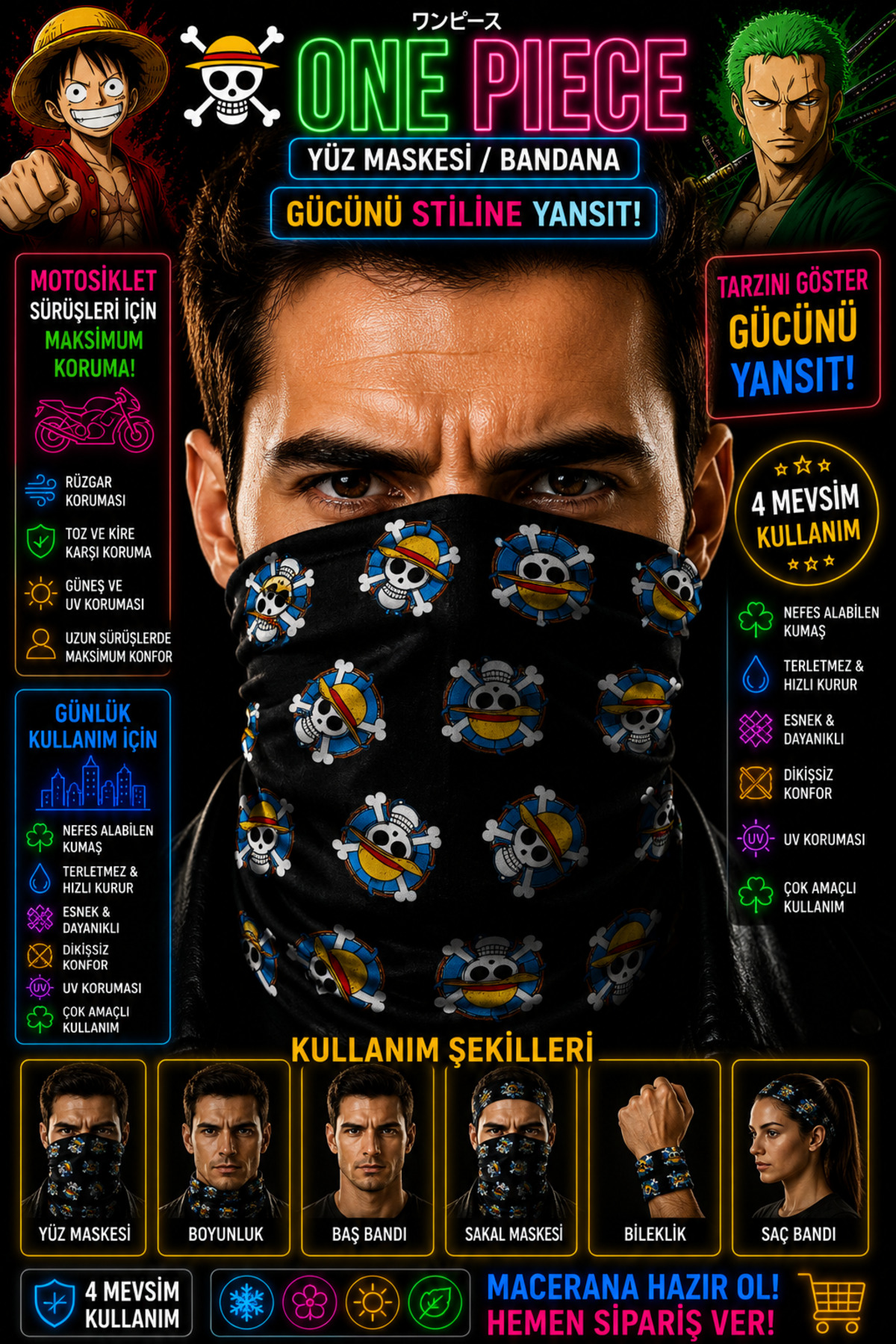 FG KONNİCHİWA One Piece Baskılı Bandana Anime Yüz Maskesi ve Boyunluk ve Günlük ve Motosiklet Kullanımı UV Korumalı Çok Amaçlı Boyunluk görsel 4