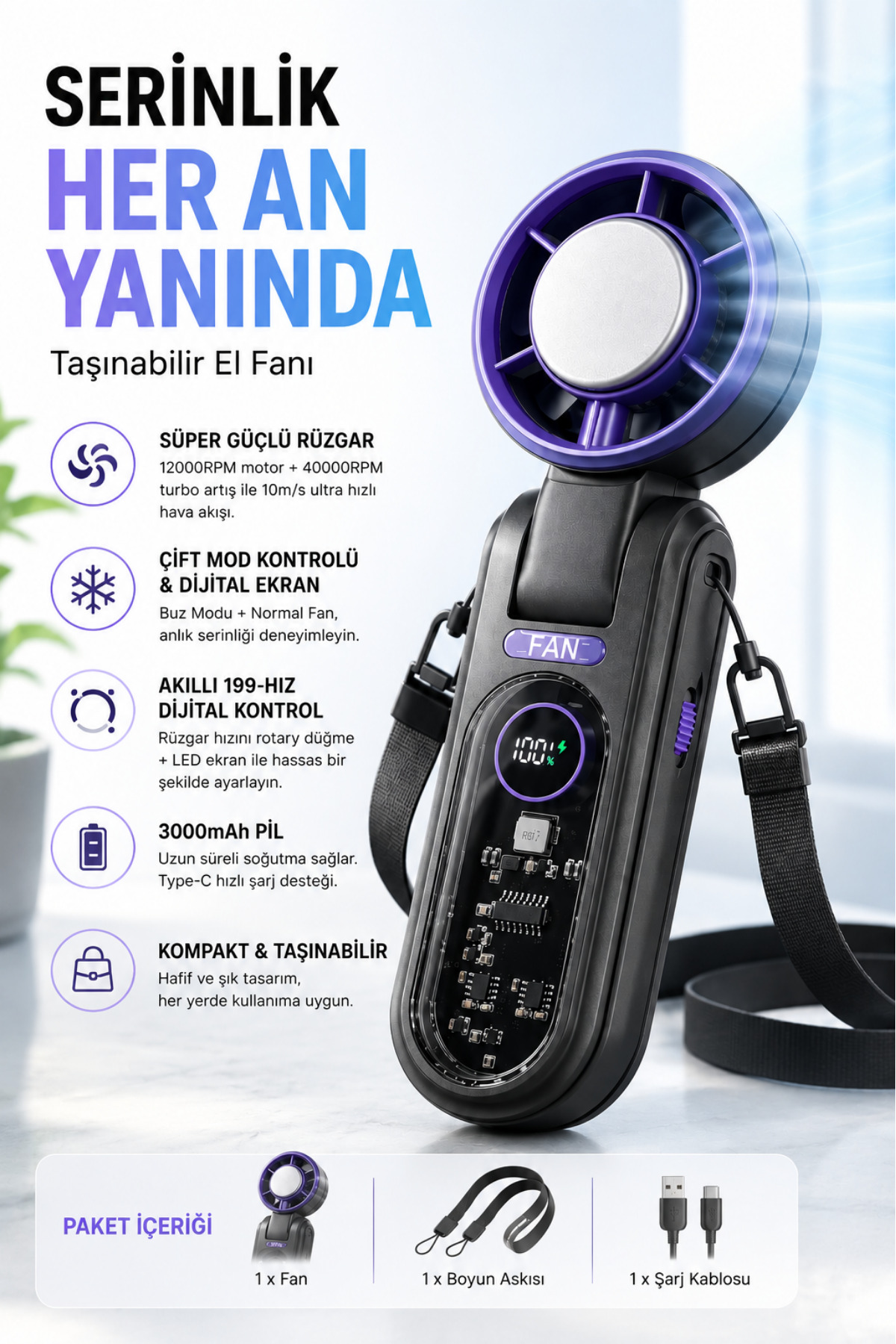 Premium Turbo Ice Cooled Hand Fan 199 Step Adjustable Strap Drawstring 3000-mAh Portable Cooling Fan