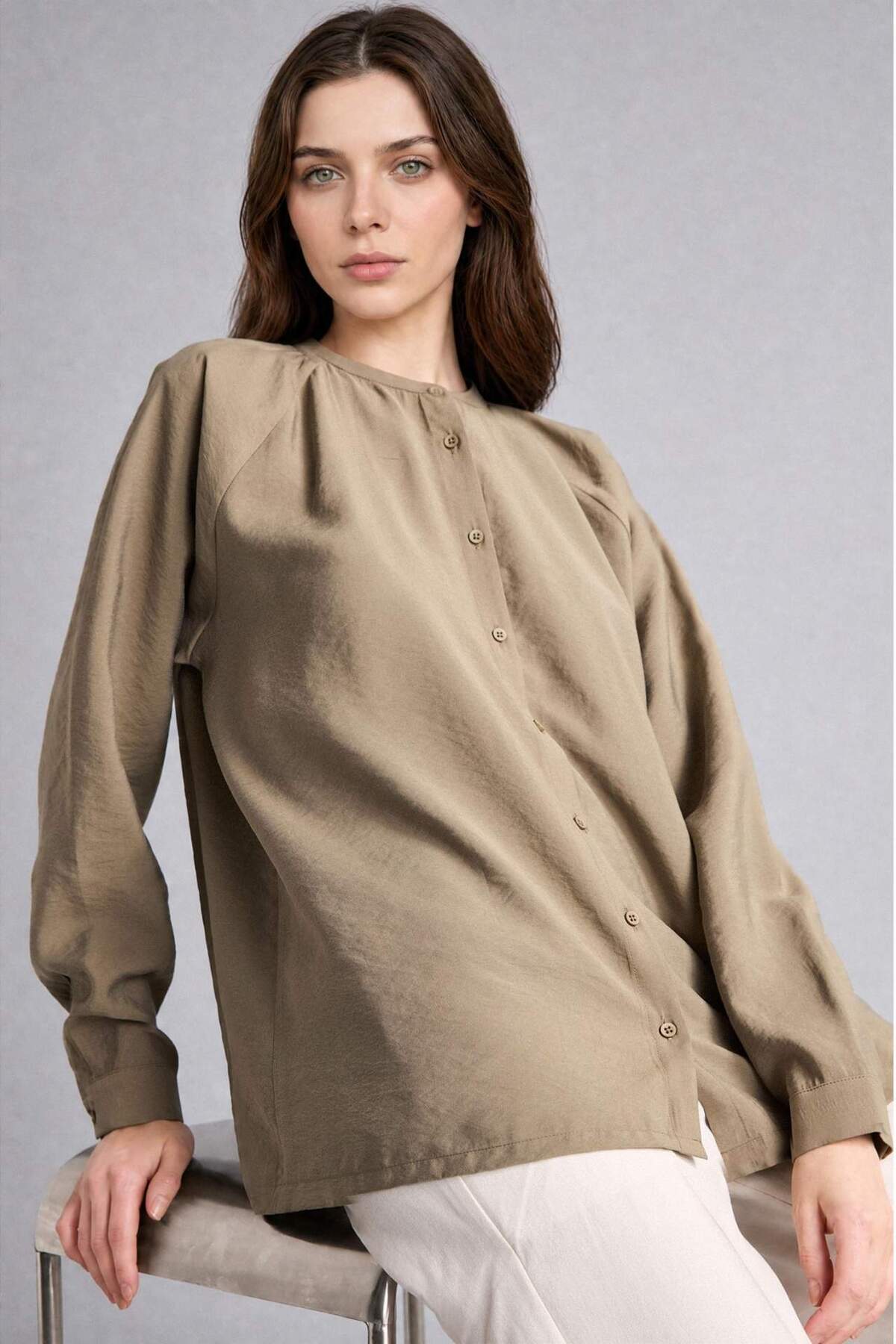 Relax Fit Modal Long Sleeve Open Khaki Tunic H5279AX26SM