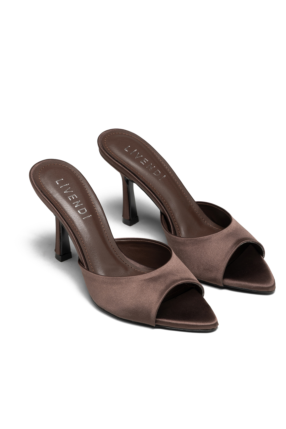 livendi Vienza Women's Bitter Brown Satin Open-Toe 8.5 cm Thin Heeled Mule Slippers