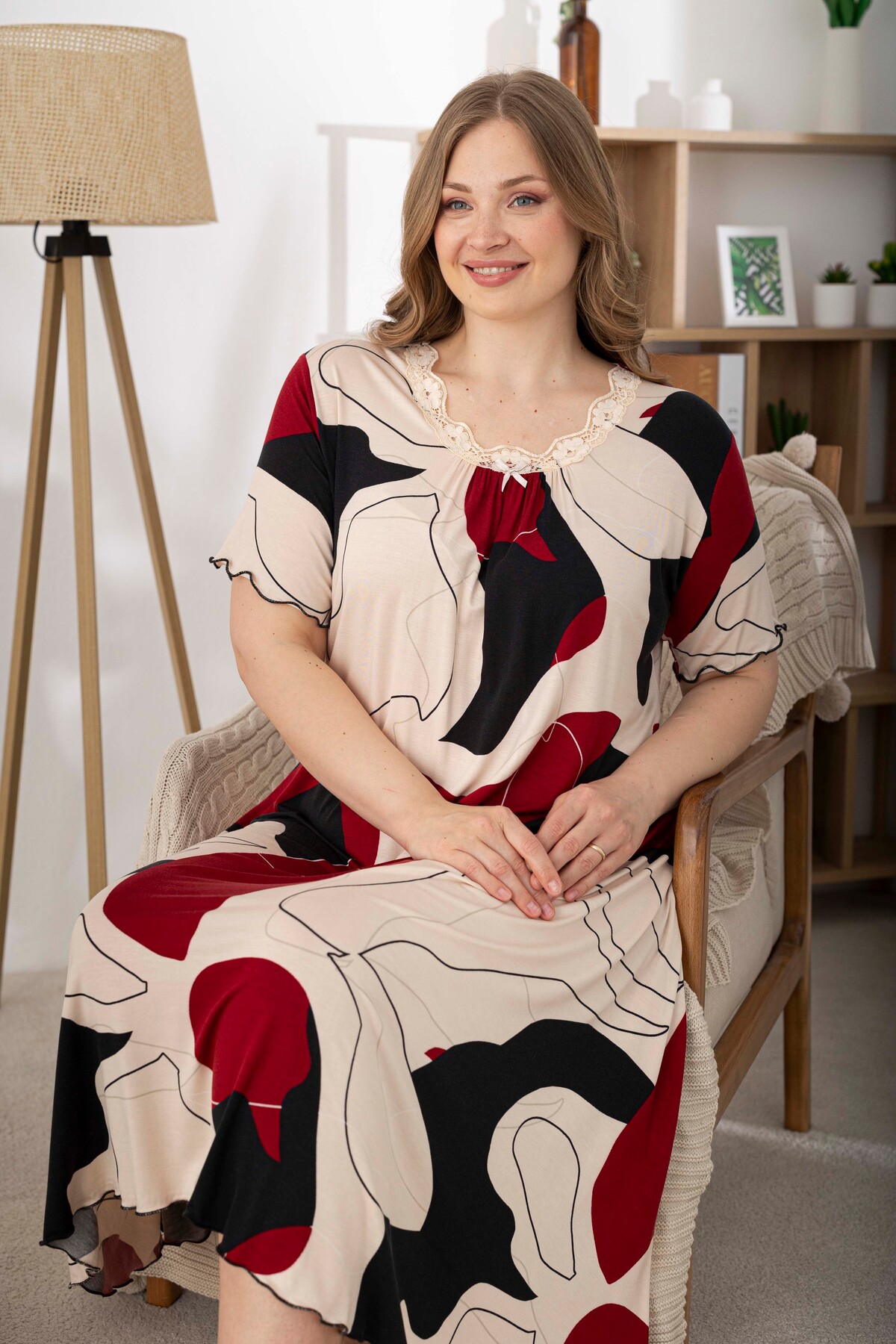 Cream Patterned Ring Viscose Short Sleeve Plus Size Dress