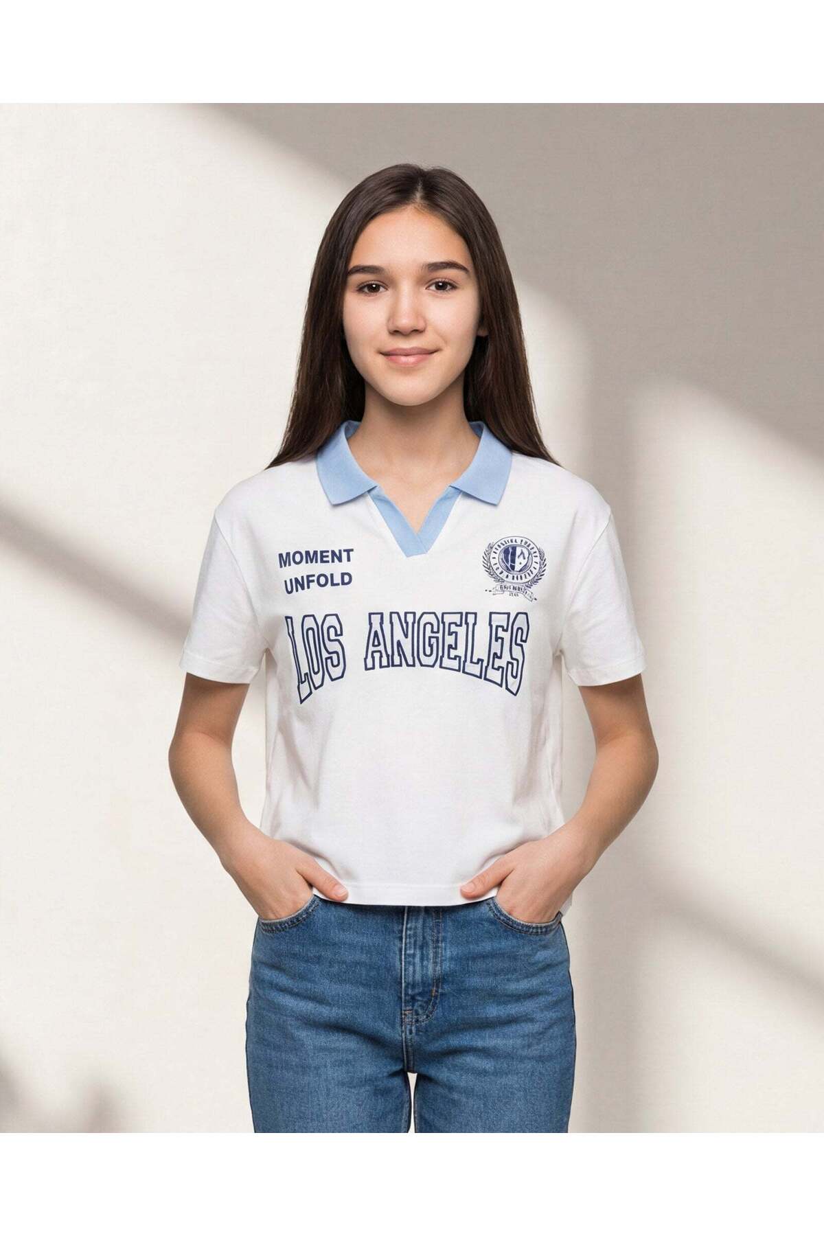 REDTAG Senior Girls White Printed Polo T-Shirt